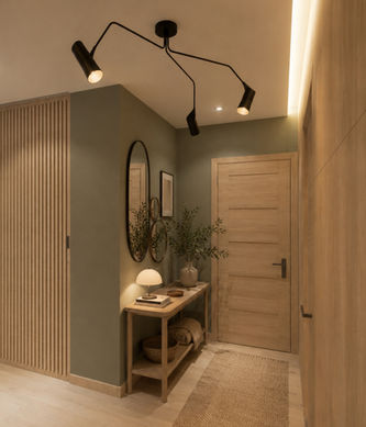 Modern hallway with oak doors, fluted timber panelling, olive green walls and console table