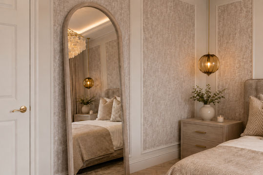 Arched leaner mirror in a neutral principal bedroom with amber glass pendant and textured wall panels