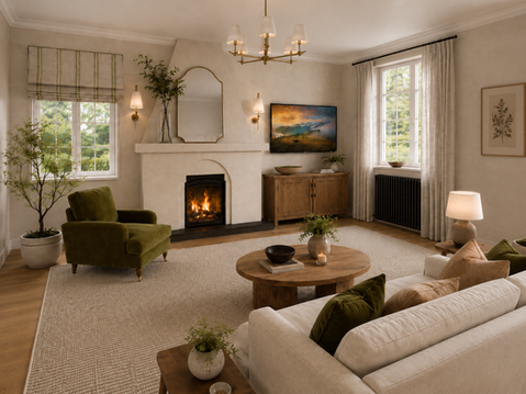 Warm neutral living room with fireplace, green velvet chair and cream sofa in Redhill home