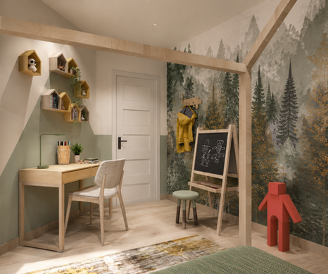 Boys bedroom study area with forest wallpaper, timber desk, house shelves and easel