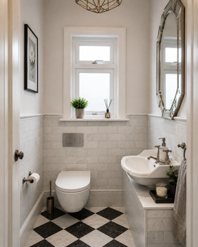 Small downstairs WC with white marble wall tiles, checkerboard floor, classic basin and decorative mirror.
