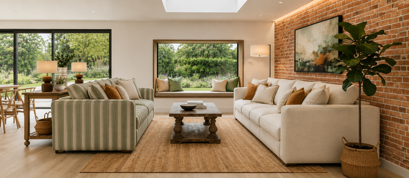 Redhill open-plan sitting room with green striped sofa, cream sofa, brick wall and garden views
