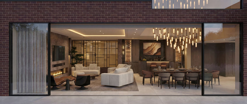 London interior designers, luxury residential interior, Open-plan living and dining room with contemporary furniture, feature fireplace, bespoke bar, and floor-to-ceiling sliding glass doors opening to the garden.