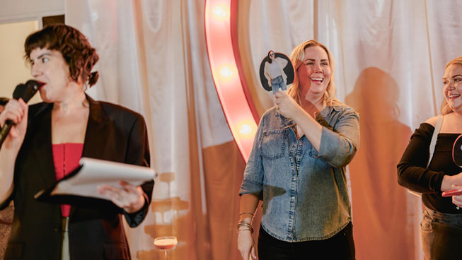 Fun funny quirky Perth wedding celebrant & MC Ashlee Bunney hosting a podcast event at elopement venue Cherry Bomb Chapel