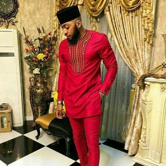 Embroidered African Outfit in Cotton, Satin or Silk