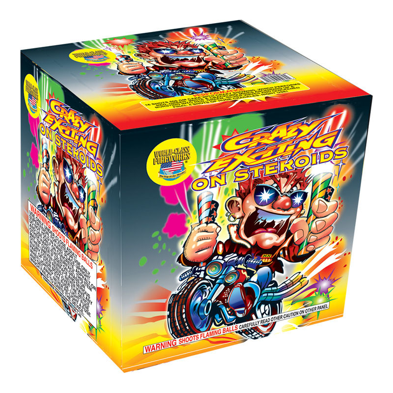 Crazy Exciting on Steroids 500 Gram fireworks cake — 16 shot aerial repeater with intense effects