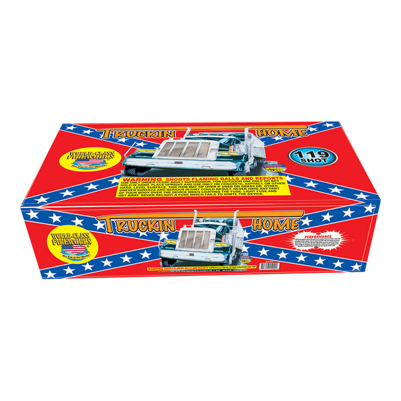 Trucking Home 500 Gram fireworks cake — 119 shot aerial repeater with color beads, chrysanthemum, crackle, and report