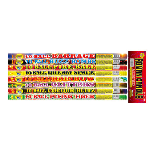 World Class 10 Ball Assorted Effects Roman Candles — 144