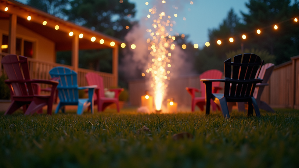 Eye-level view of a backyard setup with chairs and a firework launch area