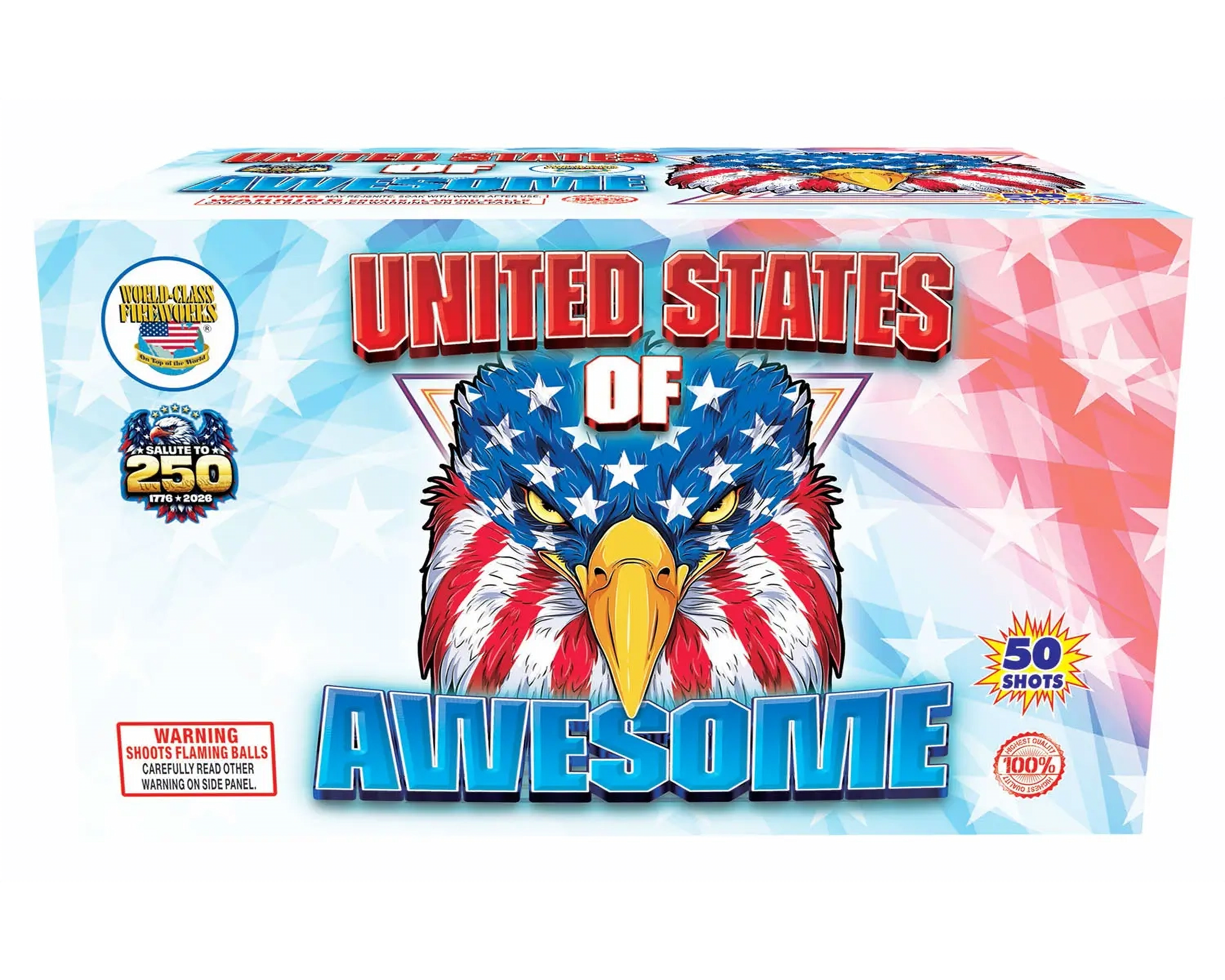 United States of Awesome 500 gram fireworks finale with red white and blue mines peonies glitter and fish effects