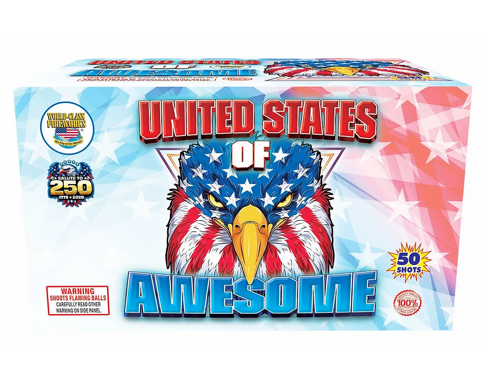 United States of Awesome 500 gram fireworks finale with red white and blue mines peonies glitter and fish effects