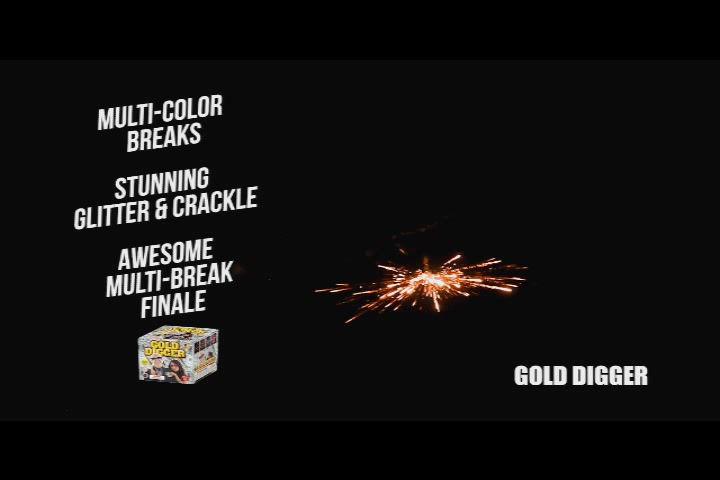Video demo of Gold Digger 500 gram fireworks cake with golden willows and crackling palms