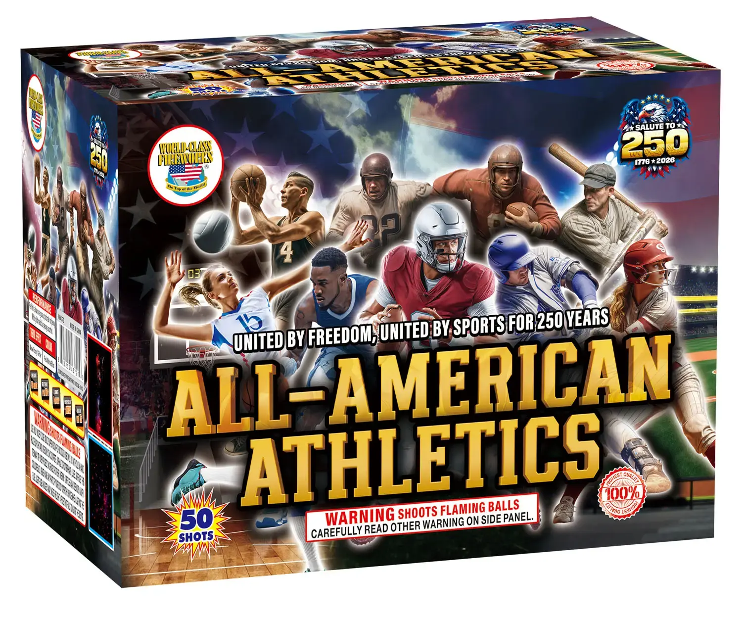 All American Athletics 500 gram fireworks finale with red white blue mines peonies and bright glitter effects