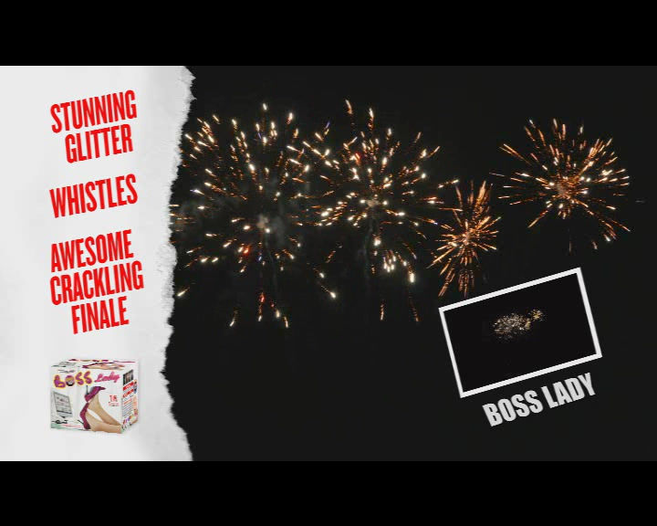 Thumbnail: Boss Lady fireworks cake showing loud glittering bursts with whistle and crackle effects