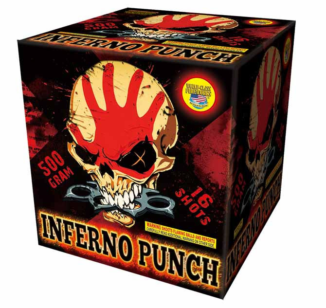 Inferno Punch 500 Gram Fireworks Cake — 16 shot, blue, red & green stars with white glitter mines
