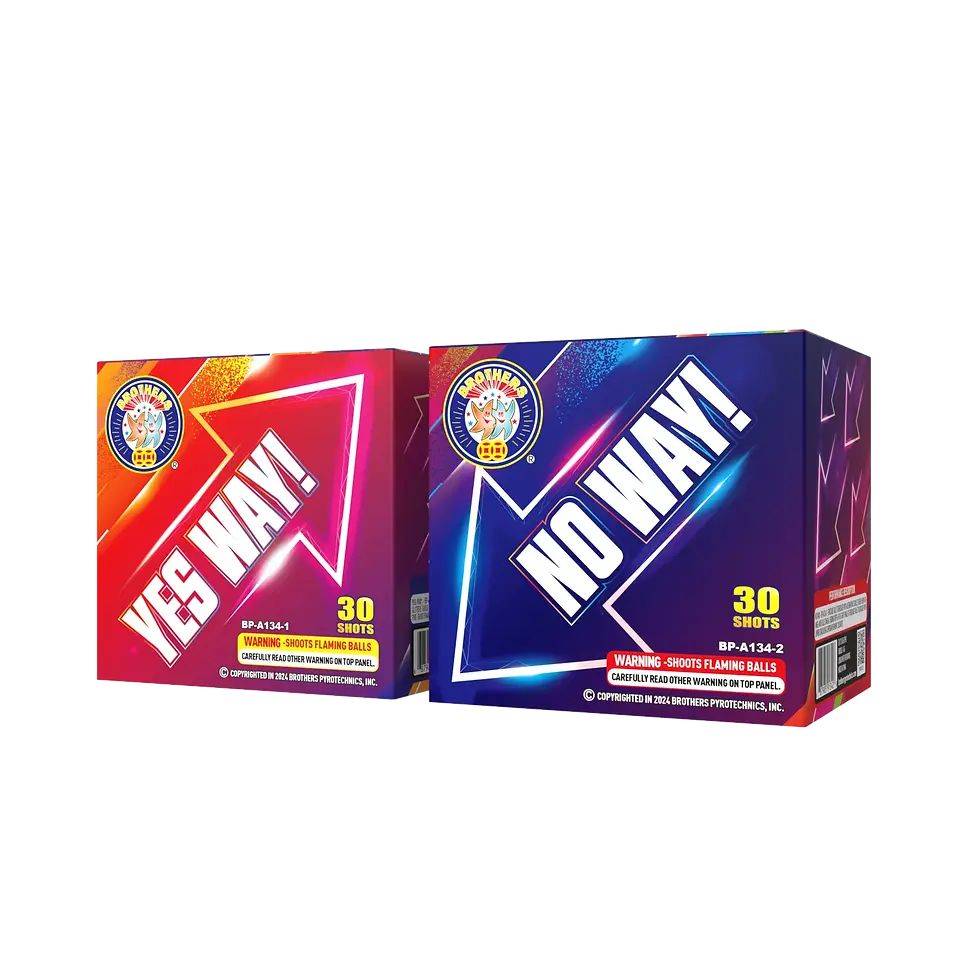 Brothers YES WAY and NO WAY 60‑shot fireworks cake combo with willows, brocade, color and crackling finales