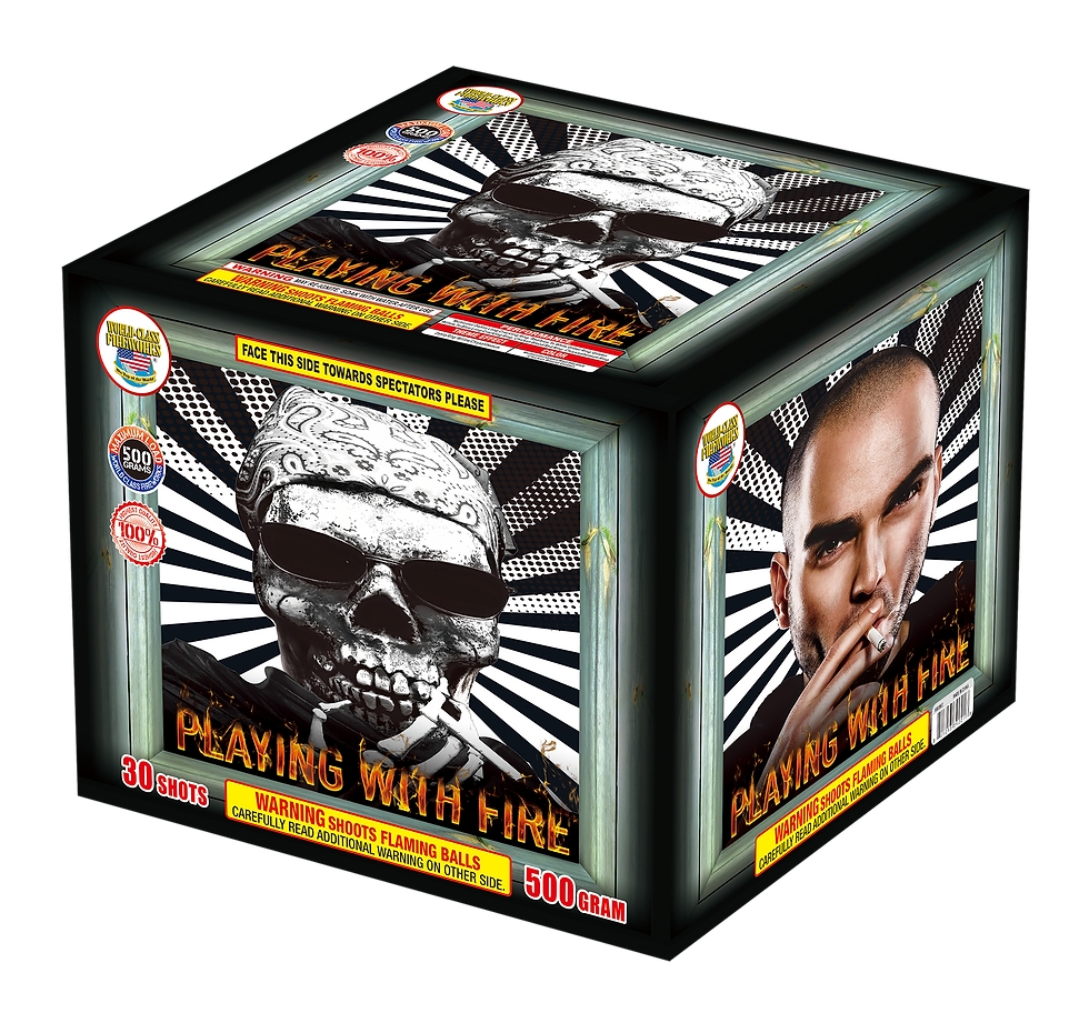 Playing With Fire 500 gram fireworks cake with bold bursts, dazzling strobes, and crackling palms