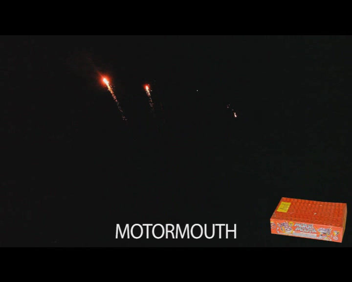 Thumbnail: Motor Mouth 200 gram fireworks cake showing 96 rapid shots with loud whistles colorful transitions and bouquet effects
