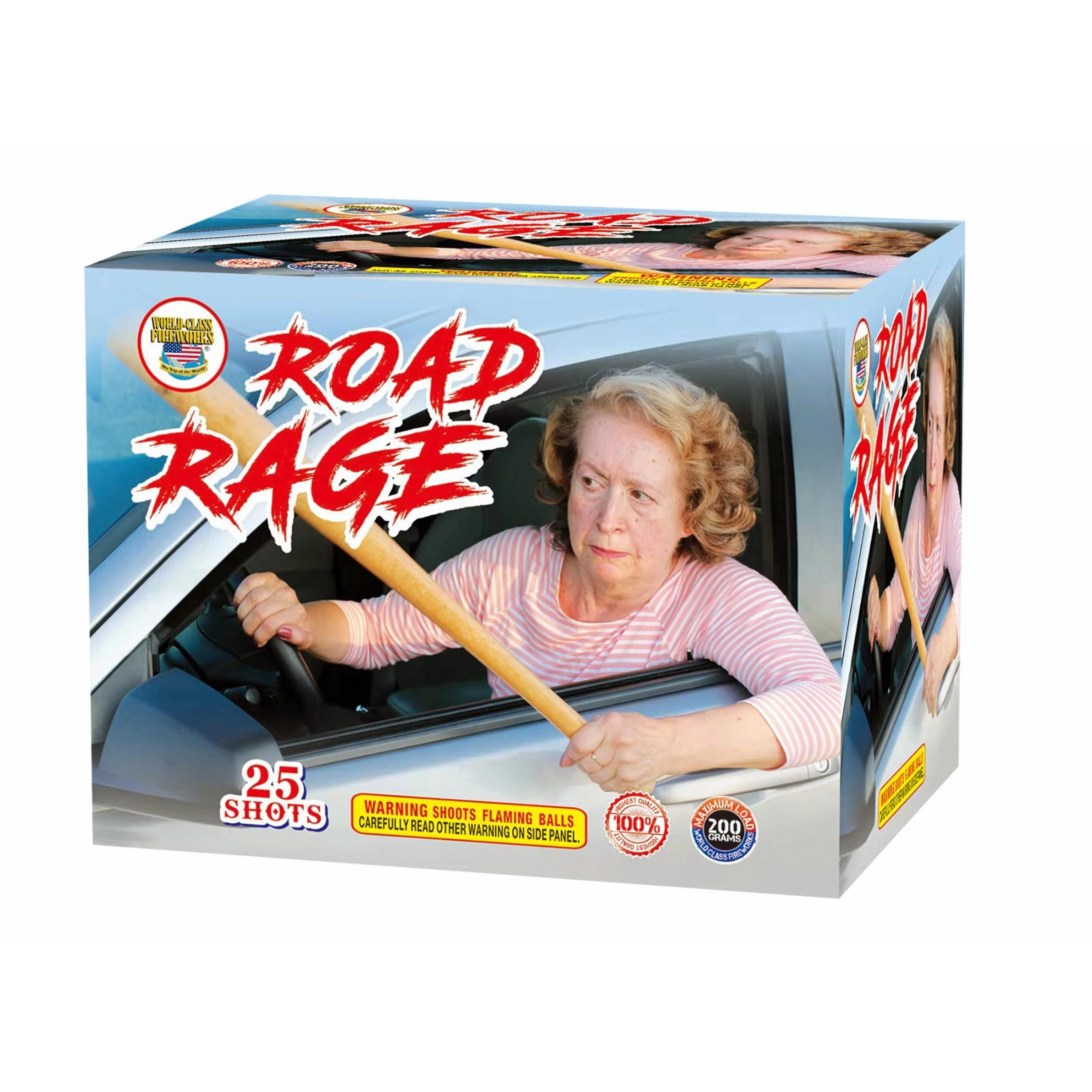 Road Rage 25 shot 200 gram fireworks repeater cake firing glitter effects with loud whistles and spinning tail finale at nite