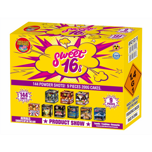 Sweet 16 - 200 Gram Fireworks Cakes  (9 Cake Assortment Pack)