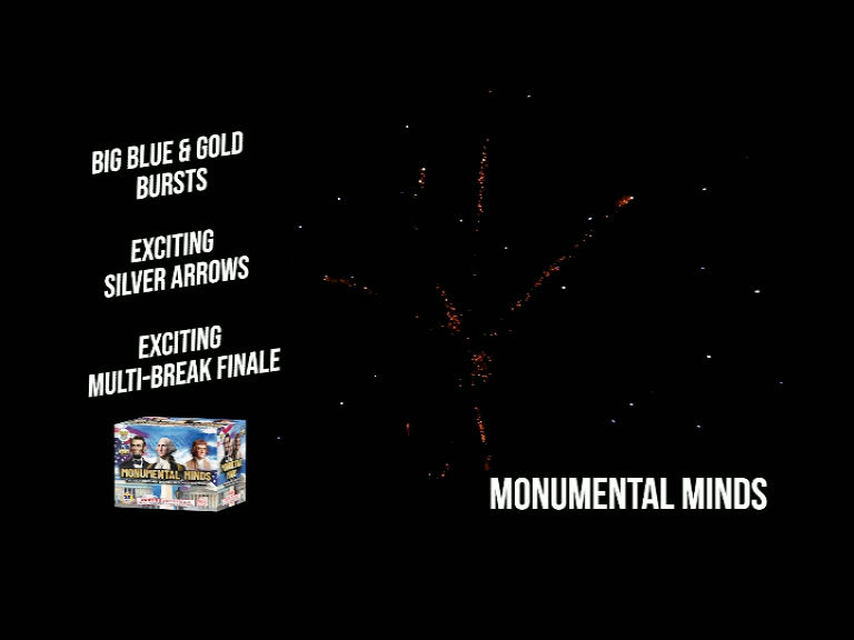 Thumbnail: Monumental Minds 250th America’s Birthday patriotic aerial fireworks blue tail and silver peony burst effects