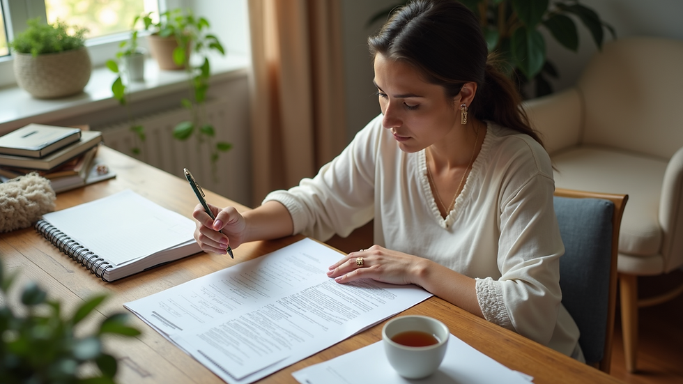 High angle view of a person reviewing insurance documents at a desk