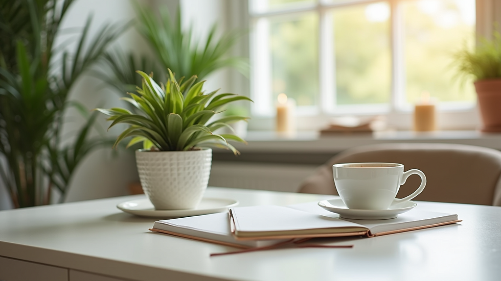 High angle view of a small indoor plant on a tidy desk near a window