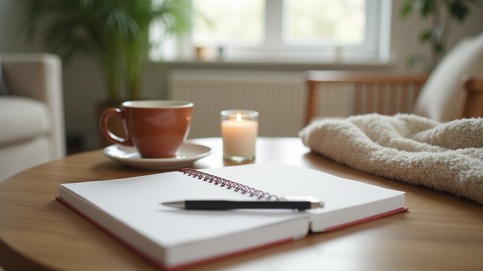 Close-up view of a journal and pen on a wooden table