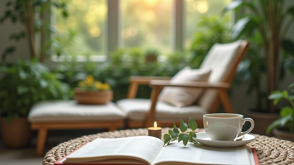 Eye-level view of a peaceful garden bench surrounded by greenery