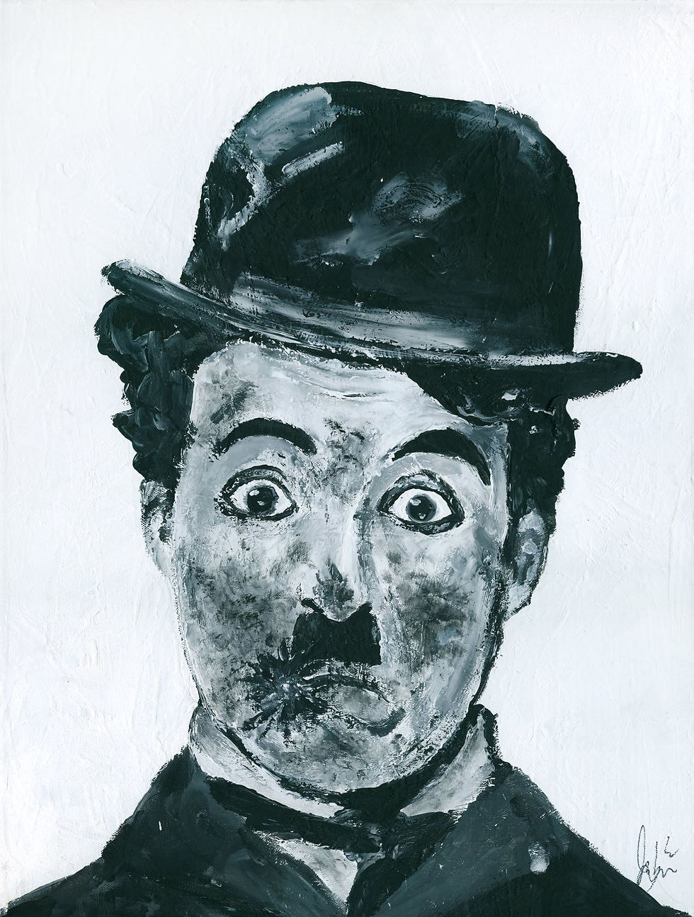 headshot fingerpainting of Charlie Chaplin with exploded cigar