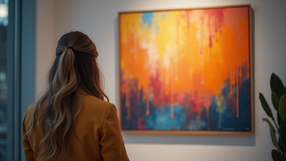 Eye-level view of a vibrant abstract painting on display