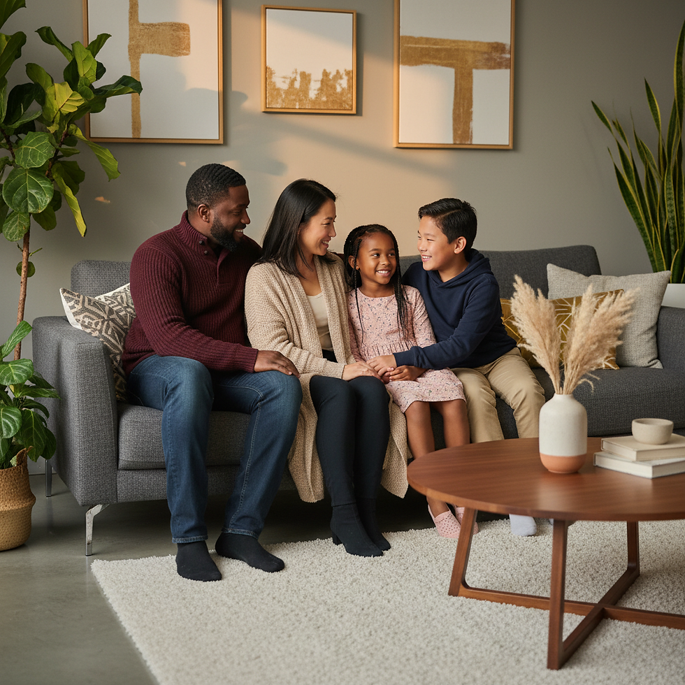 Diverse family of four sitting together on a couch, smiling and talking in a cozy living room.