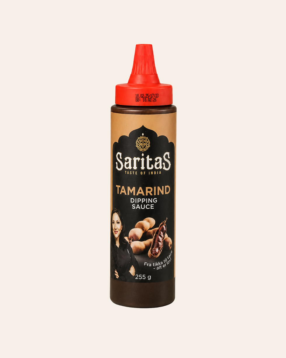 SaritaS Tamarind Dipping Sauce 255 g – søt og syrlig indisk tamarinddip i squeezeflaske