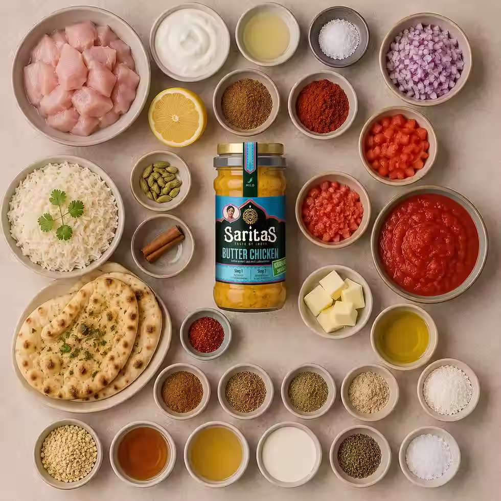 Top-down flat lay of Butter Chicken ingredients with raw chicken, naan bread, basmati rice, Indian spices, yogurt, tomatoes, butter, cream, and authentic SaritaS Butter Chicken sauce in a clean Nordic kitchen style.