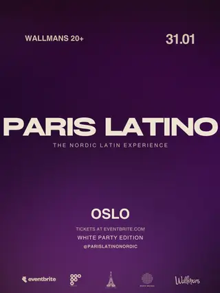 ParisLatino White Party Oslo 2026 flyer — The Nordic Latin Experience at Wallmans Oslo, Saturday Jan 31. Premium Latin and reggaeton nightlife event.