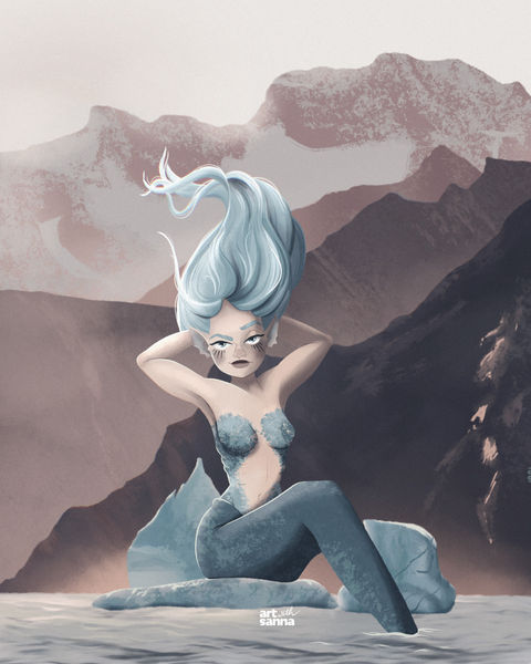 Illustration of Mermaid sitting on iceberg