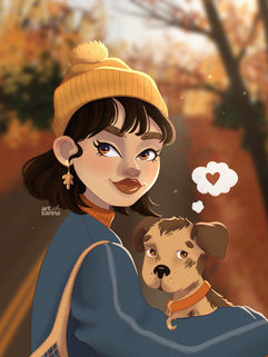 Illustration girl and puppy in autumn
