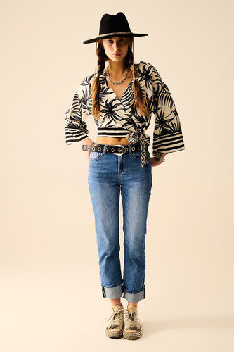 トップス 808 Top scurt alb cu motiv tropical negru | ZXS Shop