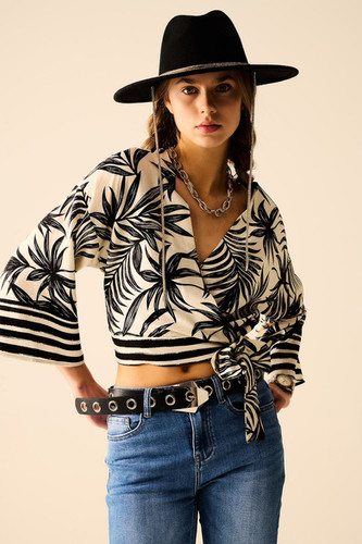 トップス 808 Top scurt alb cu motiv tropical negru | ZXS Shop