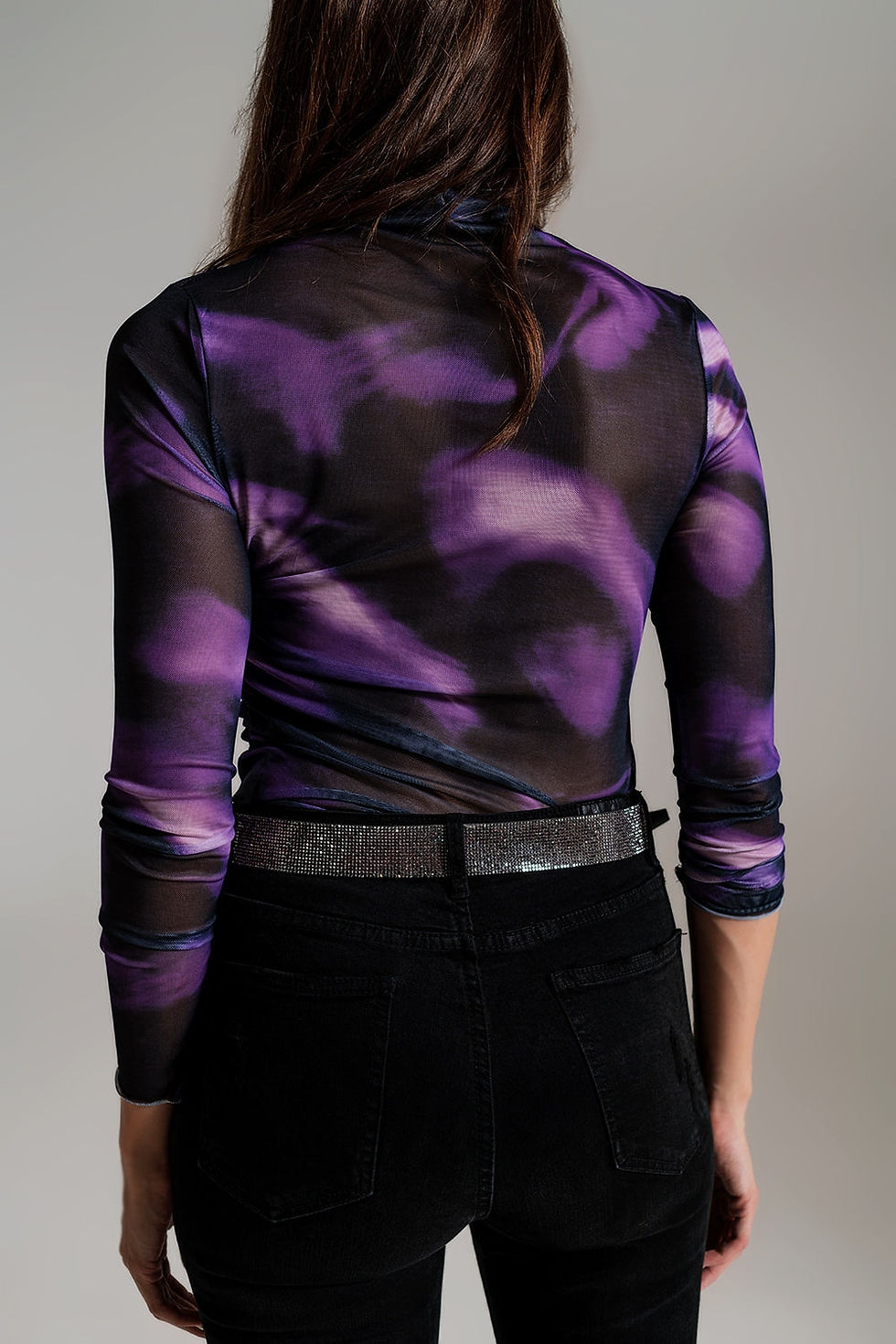 Thumbnail: Mesh Top Rouched at the Side in Abstract Purple Print