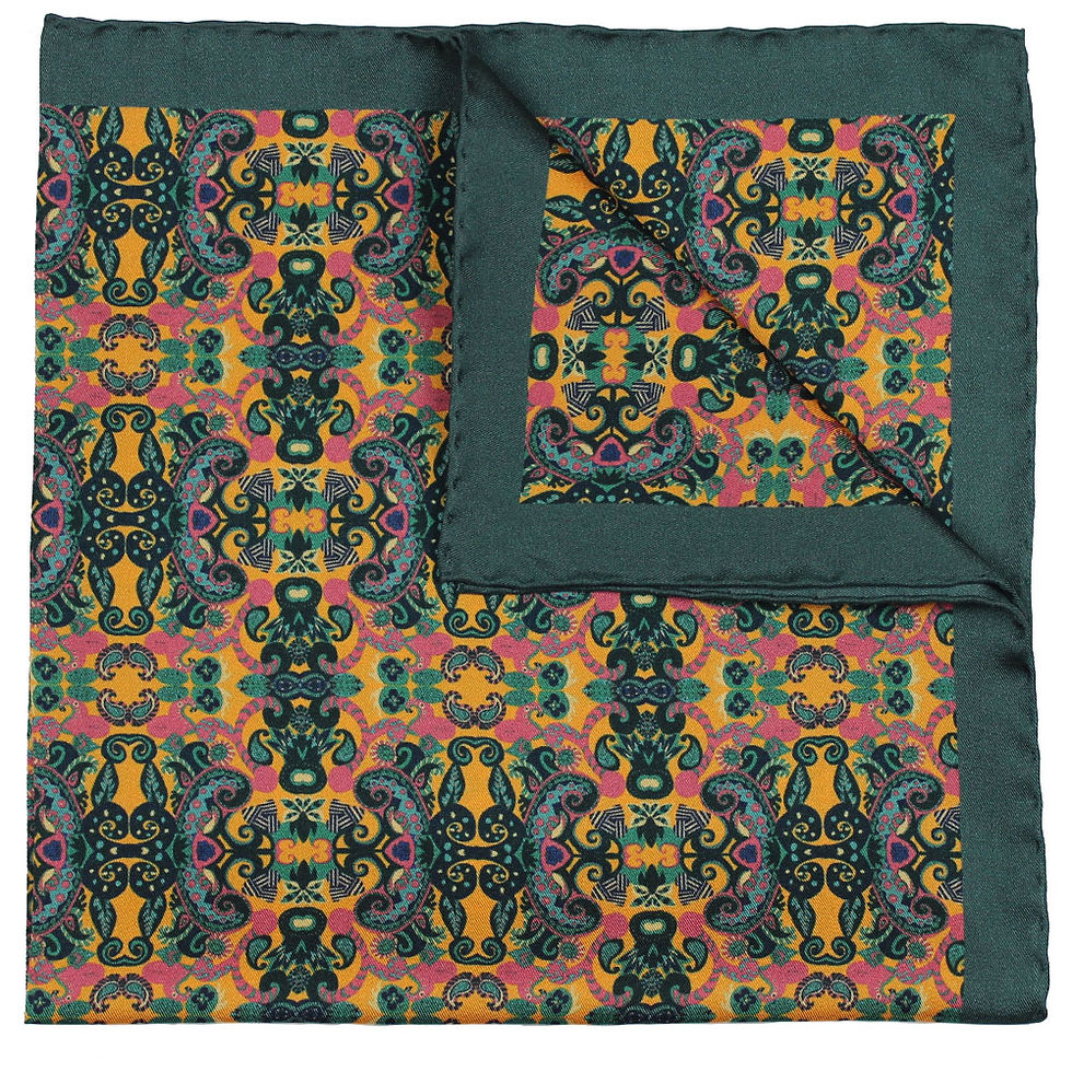 product shot of labyrinth print silk pocket square folded