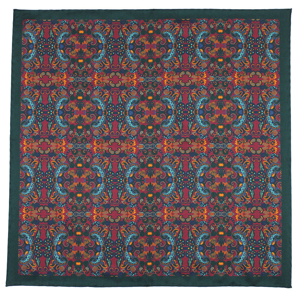 product shot of labyrinth print silk pocket square folded