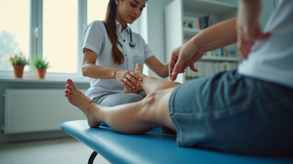 Eye-level view of a physiotherapist guiding a patient through knee exercises