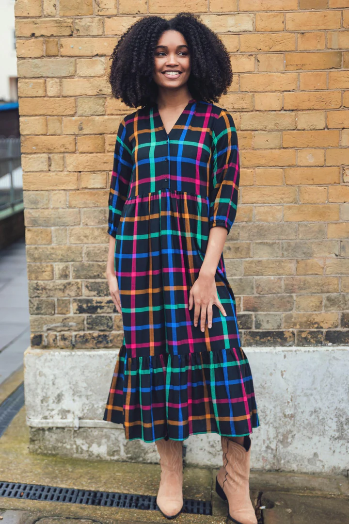 Thumbnail: Sugarhill Brighton Uri Midi Smock Dress - Black/Rainbow Check