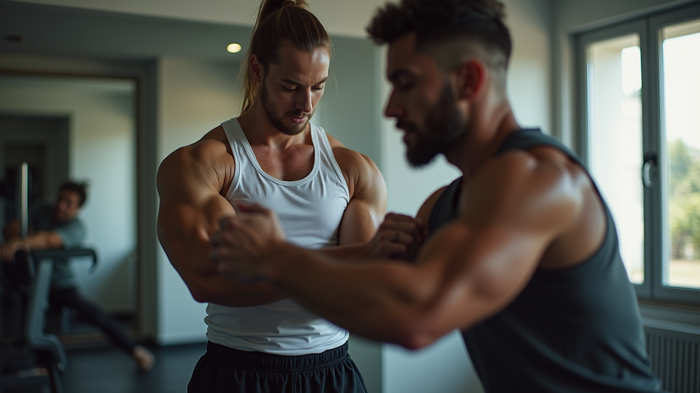 Close-up view of a fitness trainer guiding a client through a workout in a home gym