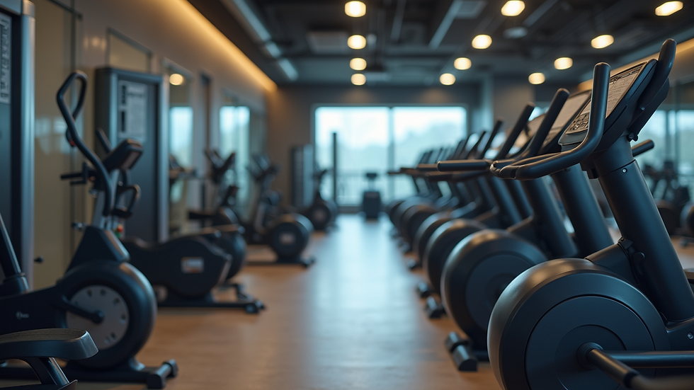 Close-up view of modern gym equipment arranged neatly in an apartment gym