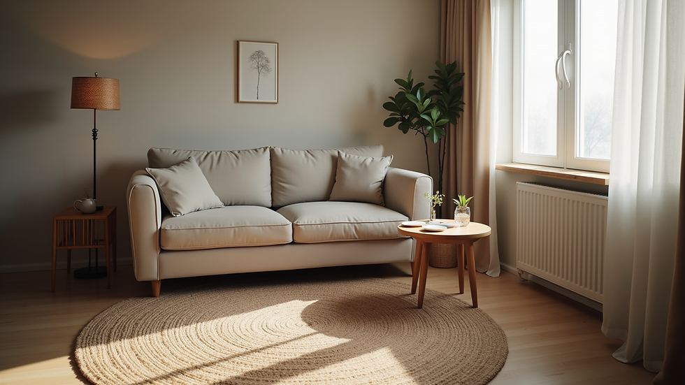 Eye-level view of a cozy living room with a comfortable armchair and a small table