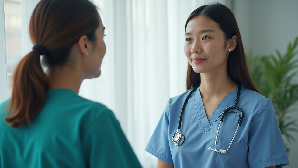 Close-up of a calm conversation between a caregiver and a medical professional
