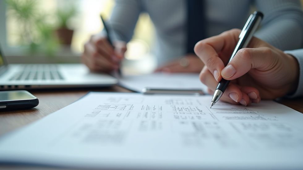 Close-up view of a consultation table with documents and a pen ready for notes