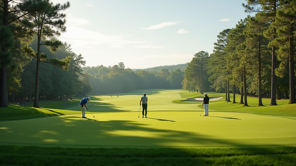 Eye-level view of a golf course with players teeing off